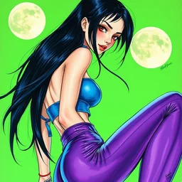 girl, longest black hair, blue latex pants, purple croptop, two moons, acid green background. highly detailed, digital painting, watercolor, realism, engraving, artstation, concept art, smooth, sharp focus, vivid grunge, manga, unreal engine 5, 8 k, art by bilibin and kilian eng and kuvshinov and malevich and mucha