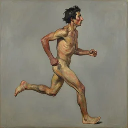 indigenous man running, painted by lucian freud, hd, super detailed, realistic, muted colors