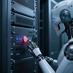 very detailed cyborg pushes a button on a sci - fi server rack