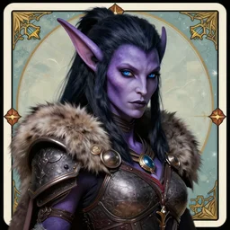 portrait of a alluring draenei in pelt armor, furaccessories, dark hair, ponytail, purple skin, blue eyes, fantasy, sharp focus, award - winning, masterpiece, highly detailed, intricate, by seb mckinnon, rossdraws, tarot card border