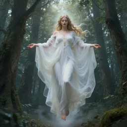 apparition of a goddess descending over a forest, fantasy, magical, high quality, spiritual, intricate, elegant, highly detailed, digital painting, trending on artstation, concept art, smooth, sharp focus