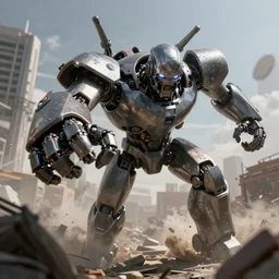 a menacing robot furiously punching a building, concept art, highlt detailed