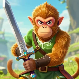 an in game portrait of a. angry monkey holding the master sword from the legend of zelda breath of the wild, breath of the wild art style.
