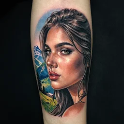 tattoo design of a beautiful girl face next to a beautiful mountain scenery, hyper realistic