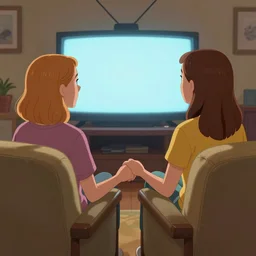 a digital art of jessie pinkman and jessie pinkman, sitting on two sofas, watching tv, holding hands, back to the camera, storybook art, detailed, profile shot, featured on artstation