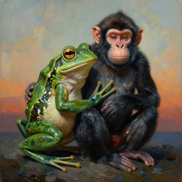 painting of hybrid frog and monkey fused together, intercrossed animal, by zdzislaw beksinski, by lewis jones, by mattias adolfsson, cold hue's, warm tone gradient background, concept art, digital painting