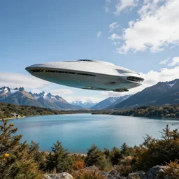 award winning photo of a patagonia lake. a spaceship by zaha hadid is hovering over it. 4 k