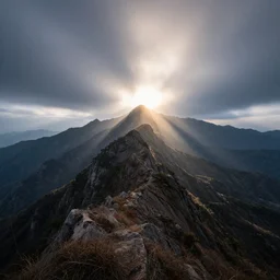 mountain ridge, dramatic, ultra - wide angle, long exposure, ultra - hd, beautiful lighting, ray tracing studio illumination, in a symbolic and meaningful style, heavenly perspective, trending, award wining, featured, concept art, hyper realism