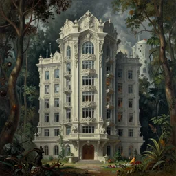 a painting of a building in the middle of a forest, a detailed matte painting, brutalism, matte painting, dystopian art, greeble, oil paint, insanely detailed and intricate, hypermaximalist, elegant, ornate, hyper realistic by eugene von guerard, zdzislaw beksinski, arnold boecklin, francisco goya, caravaggio