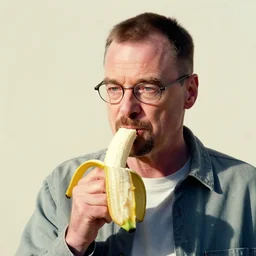 walter white eating a banana, chromatic, amber, direct sunlight, dslr, banksy, pastel, dof