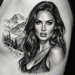 realism tattoo design sketch of megan fox with beautiful mountain scenery, in the style of dan mountford, double exposure effect, hyper realistic, amazing detail, black and white