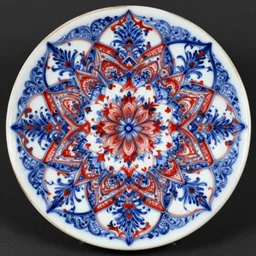 red white blue black porcelain decoration : 2 2 7 7 behelita wakefire - flower of eternal return, complex geometric fractals