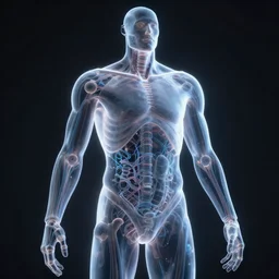 medium shot of a see through torso of a bio - electrical humanoid