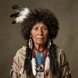 very old portrait depicting a native american warrior woman with afro, feathers in hair, hyper realism, photo real, photographed by thomas easterly, full frame,,