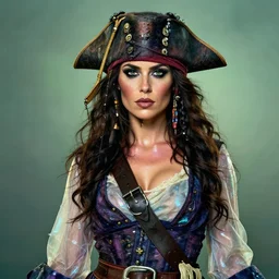 a swashbuckling woman pirate portrait in national geographic, her clothing is sheer and futuristic, her skin color is iridescent