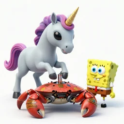 unicorn grey alien changing batteries to a robotic crab with african decoration and a spongebob puppet, highly detailed, concept art, art by wlop and artgerm and greg rutkowski, masterpiece, trending on artstation, 8 k