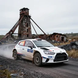 rally car driving past an abandoned coal mine. film, high - speed sports photography, soft lighting