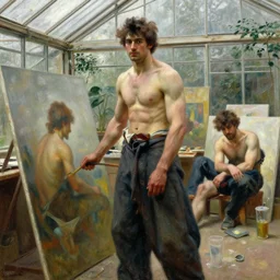 muscular male painter, greenhouse studio painting by gaston bussiere, craig mullins, j. c. leyendecker, tom of finland