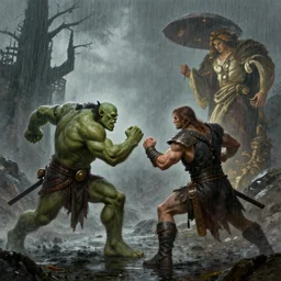 fantasy duel, orc and human fighting, cinematic long shot, rain, concept art by art by greg rutkowski and tyler jacobson and alphonse mucha, character art, detailed