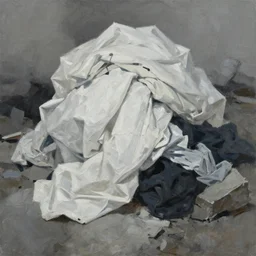 painterly warped wadded knotted heap, dull grey expressionism, masterful rendering of laundry whites construction rubble dark crevices