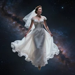 Elon Musk wearing a wedding gown while floating in a timeless cosmic realm, ethereal, surrealism cinematic, semi-realism, concept art