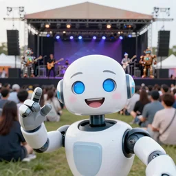 a selfie of a happy robot in frront of an outdoor festival stage with audience, on stage is a rockband with 3 steampunk robots with guitars and drums, center of the stage is a big steampunk generator, laser show, 8 k, fluorescent colors, halluzinogenic, multicolored, exaggerated detailed, unreal engine