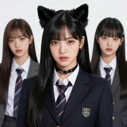 realistic detailed semirealism beautiful gorgeous cute Blackpink Lalisa Manoban wearing school uniform, black hair black cat ears, black leather choker, proportional body, WLOP, Aztodio, Taejune Kim, sakimichan, ArtGerm, Pixiv, Instagram, Artstation