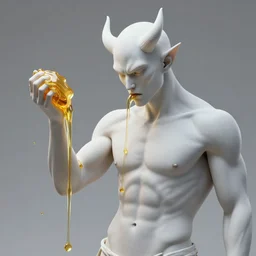 a male pure white demon holding a golden slime while its slippering out of his hand, au naturel, hyper detailed, digital art, trending in artstation, cinematic lighting, studio quality, smooth render, unreal engine 5 rendered, octane rendered