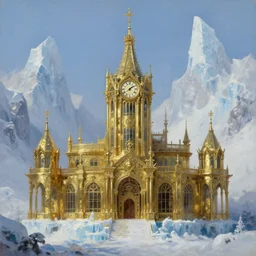 the clockwork - like brass palace at the icefell mountains beautifully showcases elven architecture. oil painting by the award - winning concept artist
