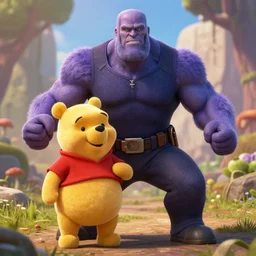 thanos defeated by winnie the pooh fantasy cartoon highly detailed photorealistic artstation unreal engine dslr photography