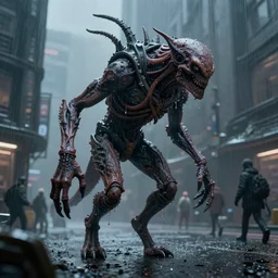 a closeup matte painting of a bipedal hideous creature following and stalking people in this cyber - frostpunk city, in the rain, highly detailed, in the style of john chamberlain, dark moody lighting, hyper photorealism, trending on artstation, 8 k