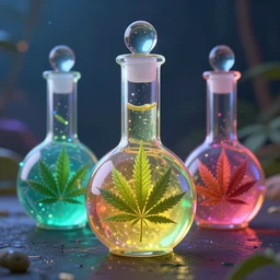 magic glass flasks cannabis inside are gelatinous oils and brightly coloured leaves, potent spell potion by pixar rendered in octane caustics subsurface scattering render 8 k