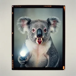 kodak portra 4 0 0, wetplate, flashlight, 8 5 mm carl zeiss, blueberry, award - winning colour portrait by britt marling : a crazy koala vampire with long and sharp fangs drinking blood, quadratic quadratic picture frames, haze, wallpaper, fog, no people