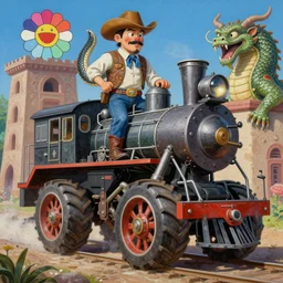 Beautiful painting of anthropomorphic steam railway engine monster truck snake oil salesman cowboy caveman hydra, Neo-Andean Architecture art by Takashi Murakami, art by Lisa Frank, art by Jacek Yerka, art by Victor Moscoso. Lifelike mechanical eyes. Locomotive Snake. Trending on artstation, hyperrealism, 10k