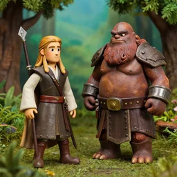 Claymation of one Legolas and one Urukhai-warrior (LOTR), in picturesque forest diorama