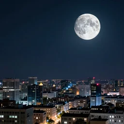 Moon from Majora‘s Mask in the night sky over an modern European city, news report, dramatic, scary