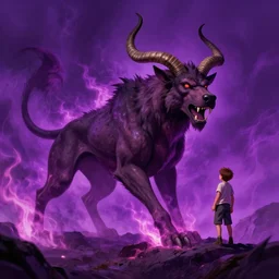 a amazing picture of cerberus, hell, purple fire, sky, a boy, by greg rutkowski and thomas kinkade, trending on artstation