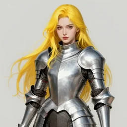 pin - up portrait of a female knight, beautiful skintight silver armor, long yellow hair, brown eyes, white skin, fantasy, highly detailed, realistic, illustration, artgerm, joshua middleton, greg rutkowski