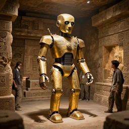 Archaeologists discover ancient golden robot inside Mayan burial chamber. Photorealistic. Intricate details.