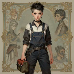 a full body portrait beautiful androgynous punk girl with short hair and beautiful eyes, beautiful face, who is a mechanic wearing overalls carrying a tool bag, digital concept art, detailed digital painting, ornate decorative background, very aesthetic!!!!!!, by j. c. leyendecker and edward blair leighton and charlie bowater, trending on artstation