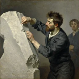 man carving himself out of stone, oil on canvas, by edouard manet, by raphael
