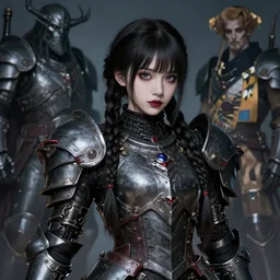 portrait of beautiful cute young goth maiden girl with long braid in warhammer demonic mechanical armor, high details, art by ( ( ( kuvshinov ilya ) ) ) and wayne barlowe and gustav klimt and artgerm and wlop and william - adolphe bouguereau