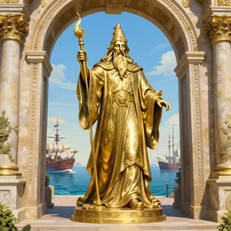 A large brass statue of a wizard guarding the entrance to a port, landscape art, concept art, fantasy, inspiring, colossus of rhodes, bright lighting, colorful, rococo style, maritime
