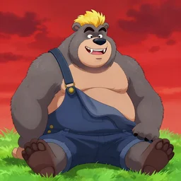 blushing bear man chubby sumo anthro, blonde hair tuff on head, grey fur, disney country bears animatronic bloody sharp teeth wearing overalls flannel posing seductive, sitting in grass, red sky third impact style in akihito tsukashi