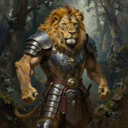 oil painting portrait , epic pose muscular mutant oversized lion is wearing medieval armor , moody forest background by greg rutkowski