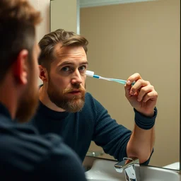 man brushes his eyes with a toothbrush in front of the mirror above the sink, 4 k
