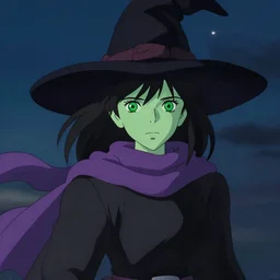 green female witch wearing a purple scarf, jet black hair, bright green eyes and pale greenish skin, simple black dress and black witch hat, detailed perfect face, mid view, design on a night sky background, by studio muti, style of greg rutkowski makoto shinkai takashi takeuchi studio ghibli
