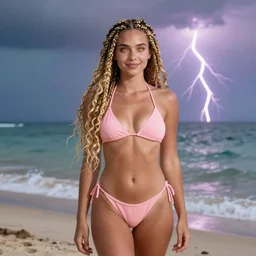 real life photo of a beautiful girl, full body photoshoot, long braided curly blonde hair, twisted braids, golden watery eyes, full round face, short smile, pale pink bikini, serene beach setting, cinematic lightning, medium shot, mid-shot, highly detailed, trending on artstation, Unreal Engine 4k, 80mm, 85mm, cinematic wallpaper