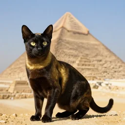 a black egyptian cat in front of the great pyramid, fancy aforned gold black cat
