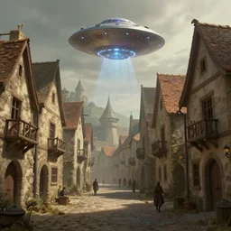 ufo's invading a medieval town, view from the street, digital art, matte painting, very detailed